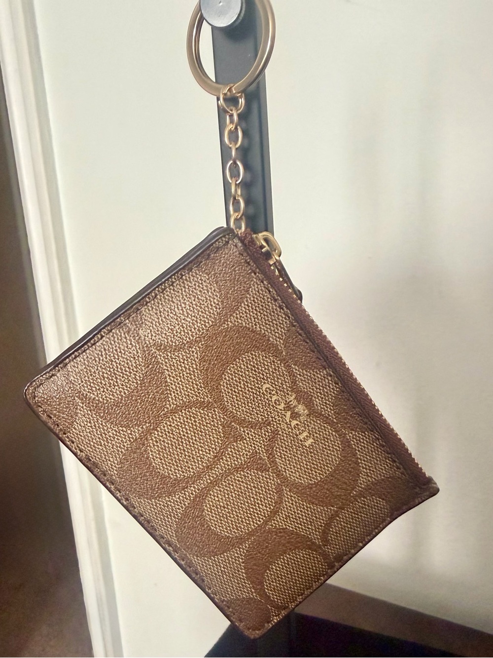 Coach Brown Signature Jacquard Zip Card Case Keyring